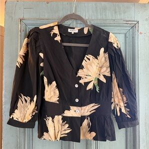 Horses Atelier Black and Cream Silk Floral Peplum Blouse
